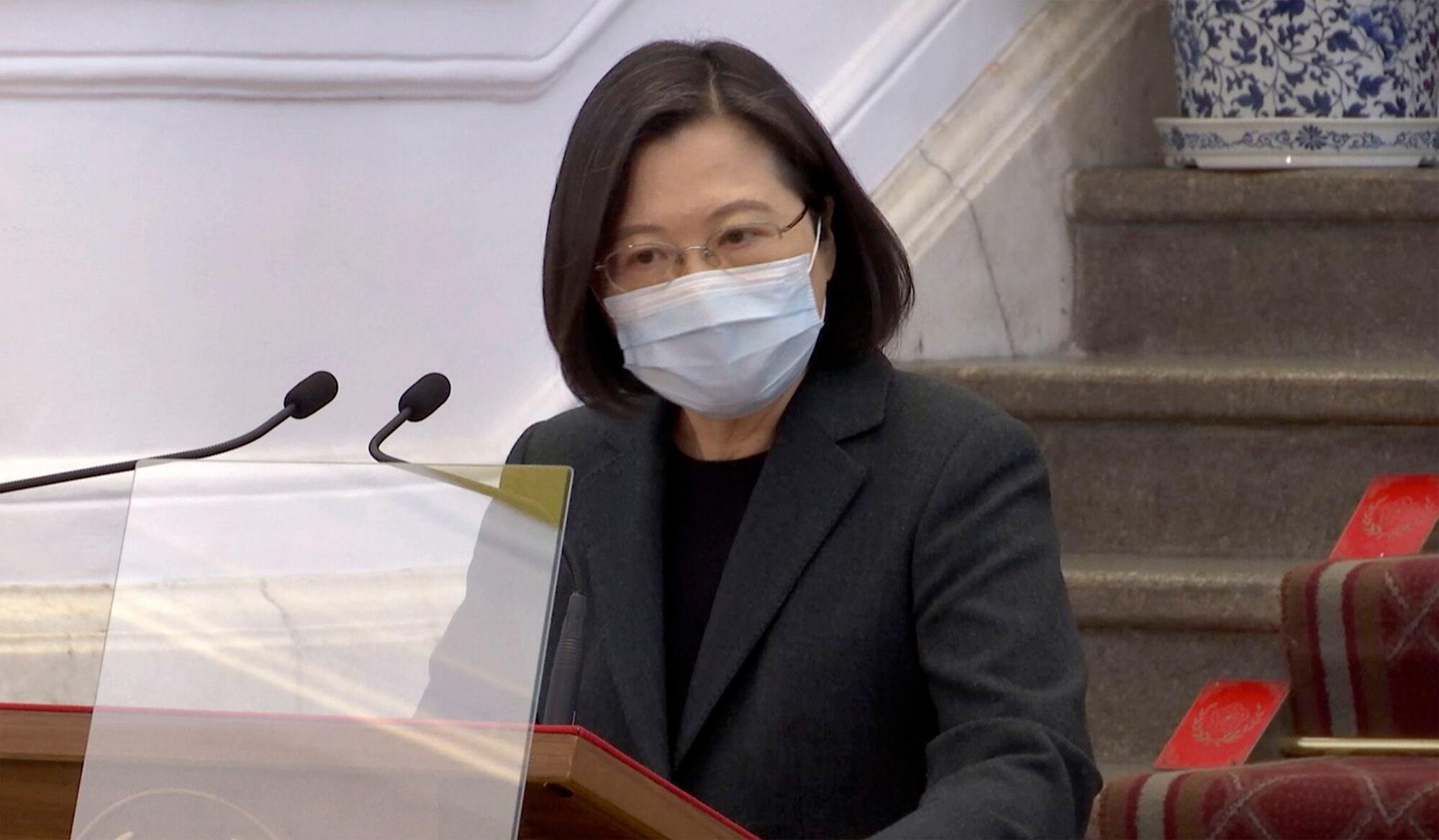 In this image from video, Taiwan's President Tsai Ing-wen delivers a New Year's speech in Taipei, Taiwan, Tuesday, Feb. 9, 2021.