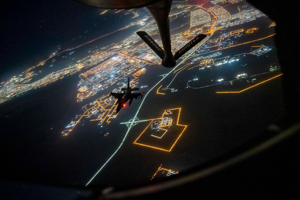 A U.S. Air Force F-16 Fighting Falcon receives fuel from a KC-135 Stratotanker over the U.S. Central Command area of responsibility Nov. 4, 2020.