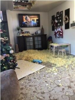 A collapsed ceiling is shown inside the home of Sgt. 1st Class Christopher Wilkes, who is part of a class action complaint against Fort Liberty’s housing provider Corvias.