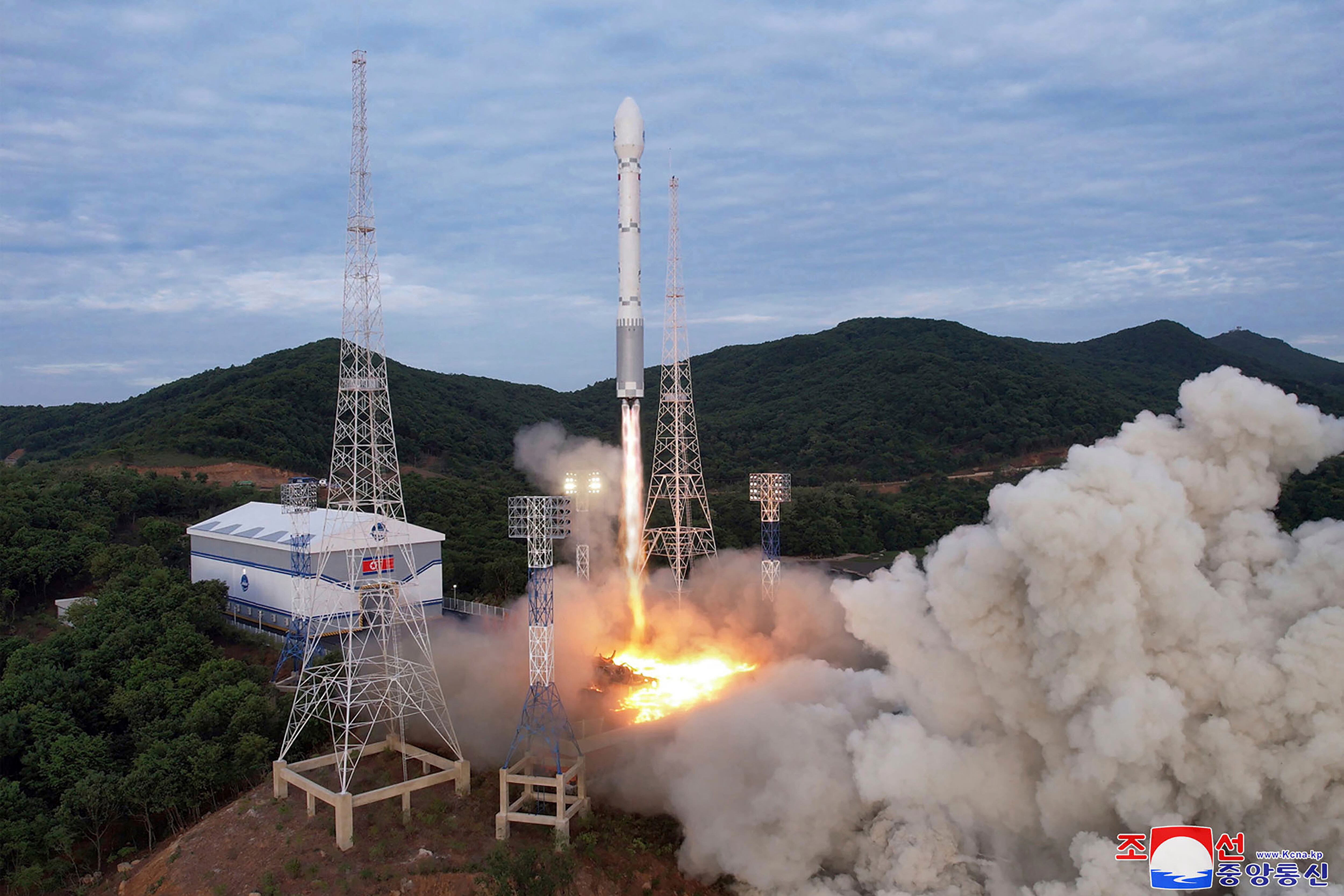 This photo provided by the North Korean government, shows what it says is a launch of the newly developed Chollima-1 rocket carrying the Malligyong-1 satellite at the Sohae Satellite Launching Ground Wednesday, May 31, 2023.