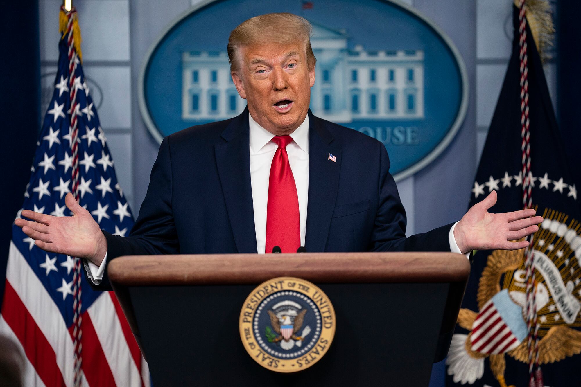 President Donald Trump speaks during a news briefing at the White House on July 2, 2020, in Washington.